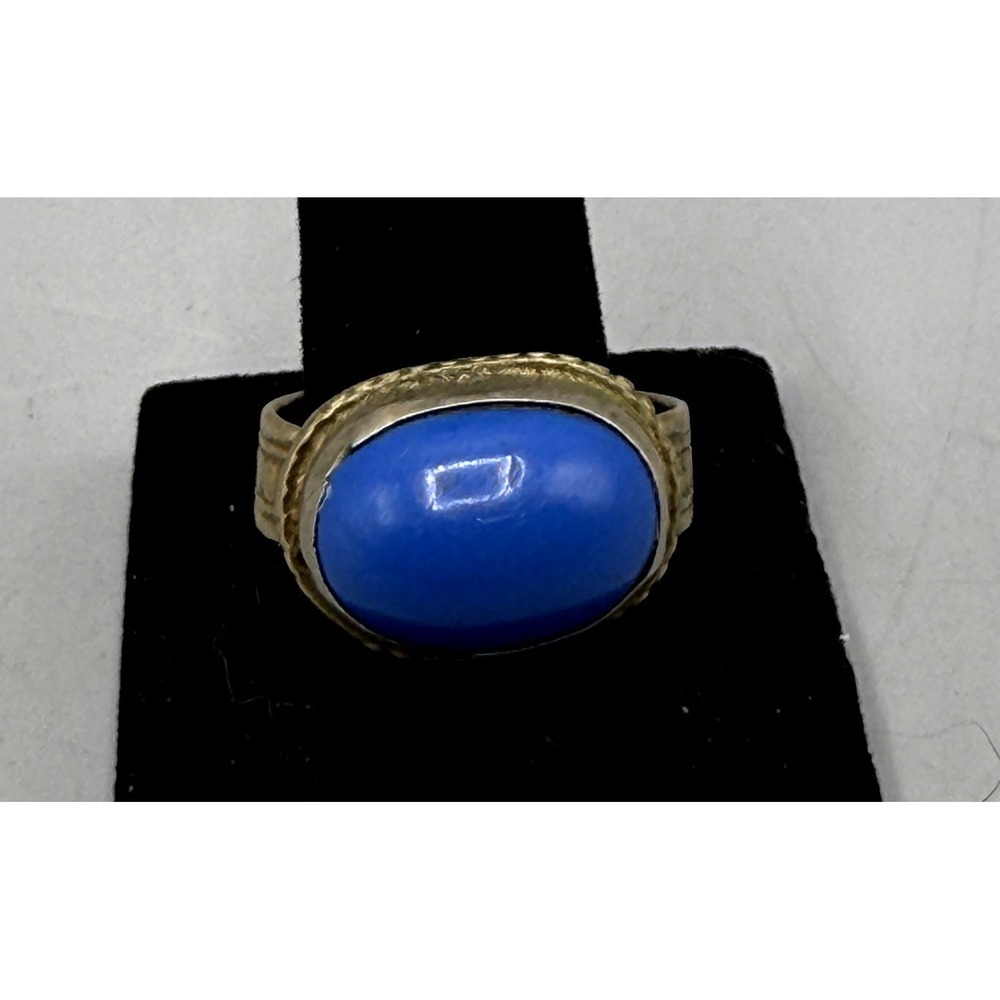 Vintage Blue Cabochon Statement Ring Silver Tone Embossed Band Boho Sz 8.25